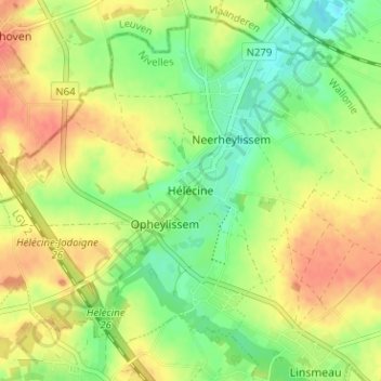 Topografische kaart Hélécine, hoogte, reliëf