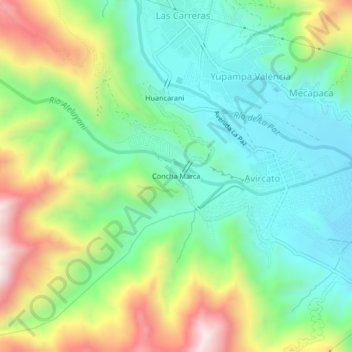 Topografische kaart Concha Marca, hoogte, reliëf
