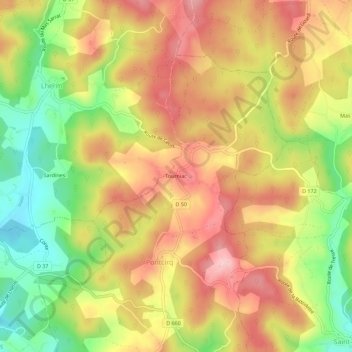 Topografische kaart Tourniac, hoogte, reliëf