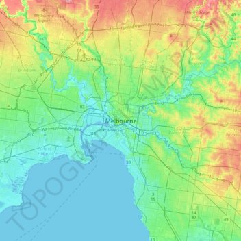 Topografische kaart Melbourne, hoogte, reliëf