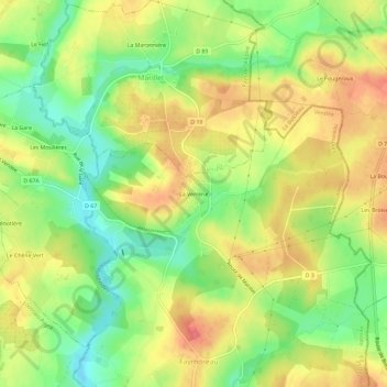 Topografische kaart La Verrerie, hoogte, reliëf