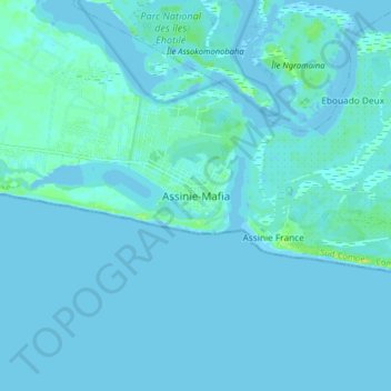 Topografische kaart Assinie-Mafia, hoogte, reliëf