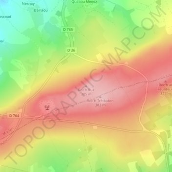 Topografische kaart Roc’h Ruz, hoogte, reliëf