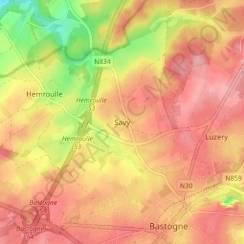 Topografische kaart Savy, hoogte, reliëf