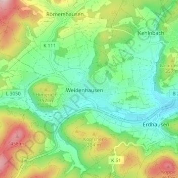 Topografische kaart Weidenhausen, hoogte, reliëf