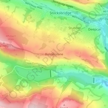 Topografische kaart Bolsterstone, hoogte, reliëf