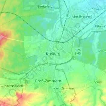 Topografische kaart Dieburg, hoogte, reliëf