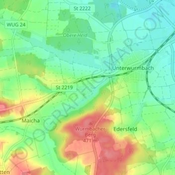 Topografische kaart Oberwurmbach, hoogte, reliëf
