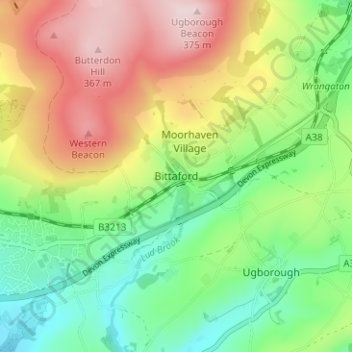 Topografische kaart Bittaford, hoogte, reliëf
