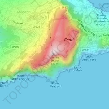 Topografische kaart Monte Solaro, hoogte, reliëf