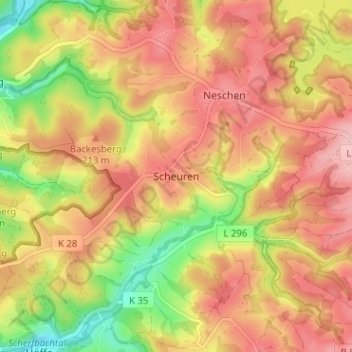 Topografische kaart Scheuren, hoogte, reliëf