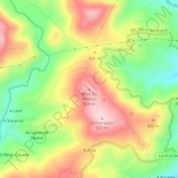 Topografische kaart Altos do Fiouco, hoogte, reliëf