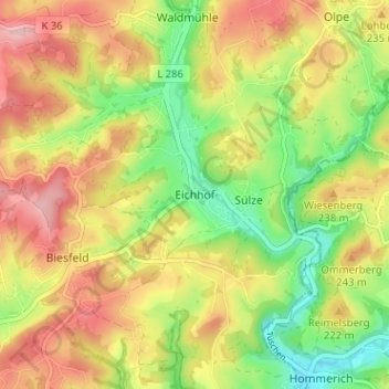 Topografische kaart Eichhof, hoogte, reliëf