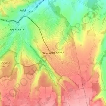Topografische kaart New Addington, hoogte, reliëf