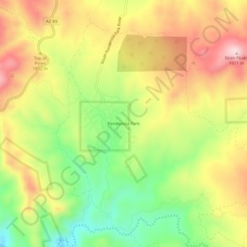 Topografische kaart Ponderosa Park, hoogte, reliëf