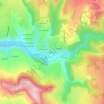 Topografische kaart Chon Gron, hoogte, reliëf