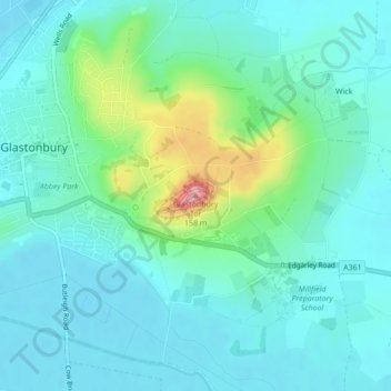 Topografische kaart Glastonbury Tor, hoogte, reliëf