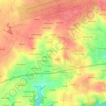 Topografische kaart Le Ménez, hoogte, reliëf