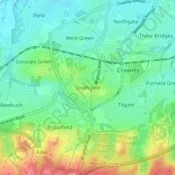 Topografische kaart Southgate, hoogte, reliëf
