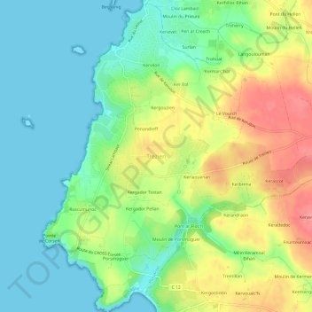 Topografische kaart Trezien, hoogte, reliëf