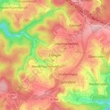 Topografische kaart Ellingen, hoogte, reliëf