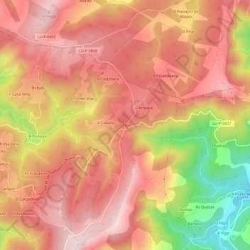 Topografische kaart O Foxo, hoogte, reliëf