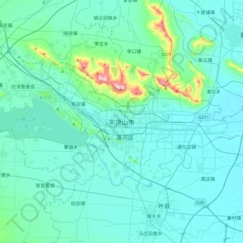 Topografische kaart 平顶山市, hoogte, reliëf