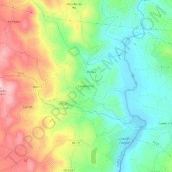 Topografische kaart Carvalhelhos, hoogte, reliëf