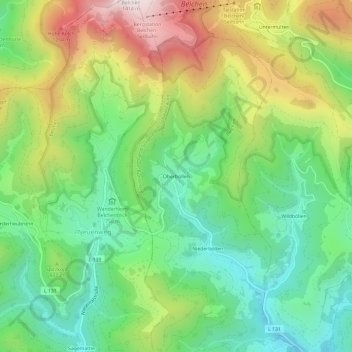 Topografische kaart Oberböllen, hoogte, reliëf