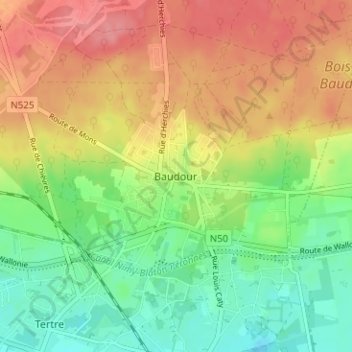 Topografische kaart Baudour, hoogte, reliëf