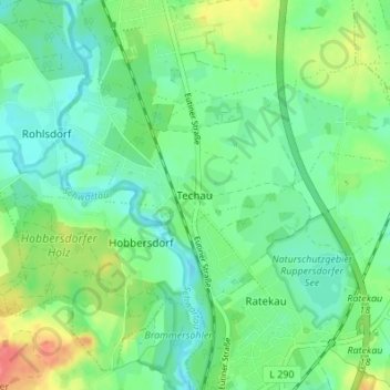 Topografische kaart Techau, hoogte, reliëf