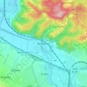 Topografische kaart Remschütz, hoogte, reliëf