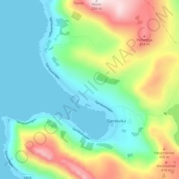 Topografische kaart Gjerde, hoogte, reliëf