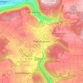 Topografische kaart Treffelhausen, hoogte, reliëf