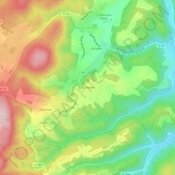 Topografische kaart Les Travers, hoogte, reliëf