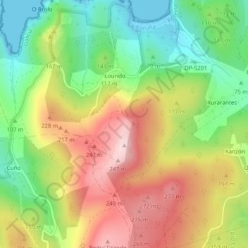 Topografische kaart O Facho Lourido, hoogte, reliëf