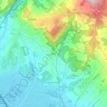 Topografische kaart Maiano, hoogte, reliëf