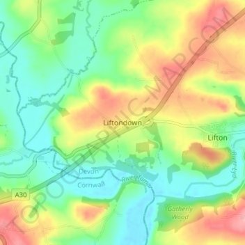 Topografische kaart Liftondown, hoogte, reliëf