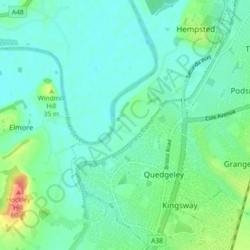 Topografische kaart Lower Rea, hoogte, reliëf