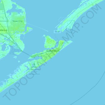 Topografische kaart Galveston, hoogte, reliëf