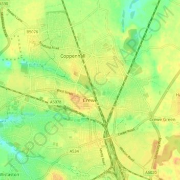Topografische kaart Crewe, hoogte, reliëf
