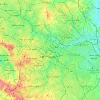 Topografische kaart Birmingham, hoogte, reliëf