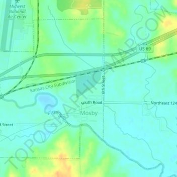 Topografische kaart Mosby, hoogte, reliëf