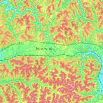 Topografische kaart Teays Valley, hoogte, reliëf