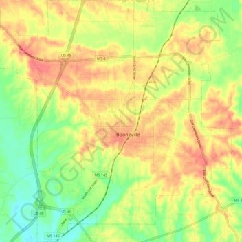 Topografische kaart Booneville, hoogte, reliëf