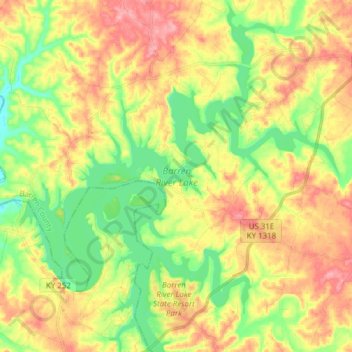 Topografische kaart Barren River Lake, hoogte, reliëf