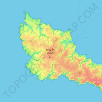 Topografische kaart Belle-Île-en-Mer, hoogte, reliëf
