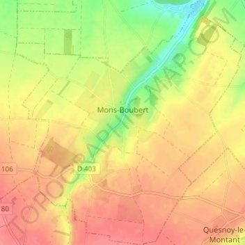 Topografische kaart Mons-Boubert, hoogte, reliëf