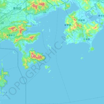 Topografische kaart 惠州大亚湾经济技术开发区, hoogte, reliëf