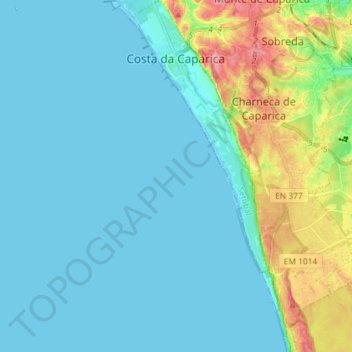 Topografische kaart Costa da Caparica, hoogte, reliëf